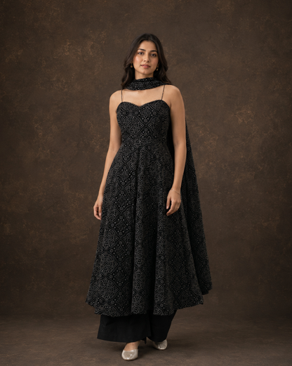 Black Bandhani Print Anarkali Suit