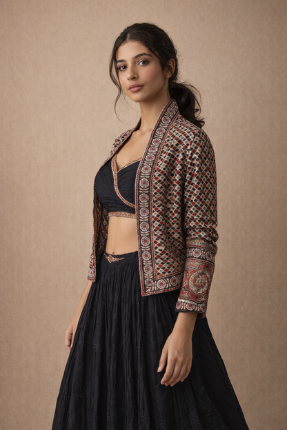 Black Crushed Silk Lehenga Skirt with Draped Blouse and Multicolor Embroidered Jacket Set