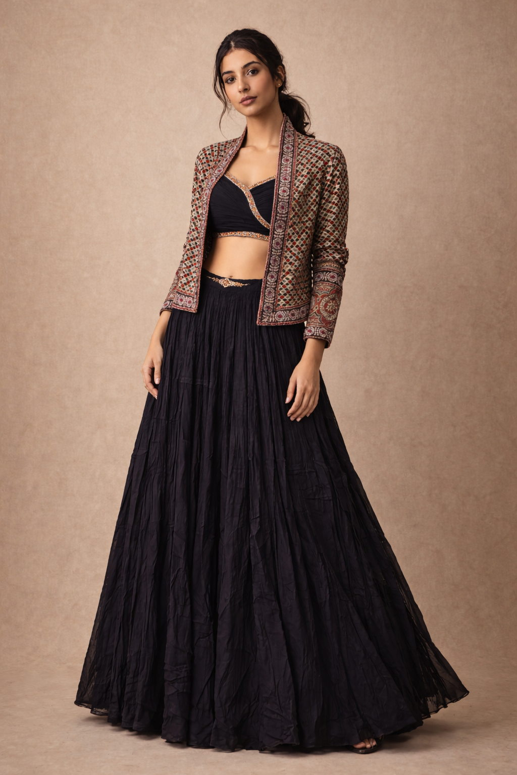 Black Crushed Silk Lehenga Skirt with Draped Blouse and Multicolor Embroidered Jacket Set