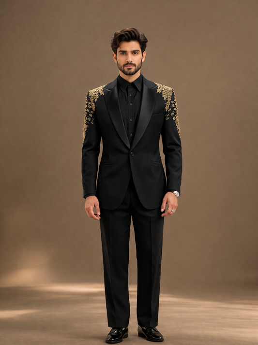 Black Designer Tuxedo Suit with Antique Gold Hand Embroidery