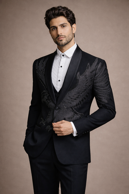 Black Eagle Embroidered Designer Tuxedo Suit