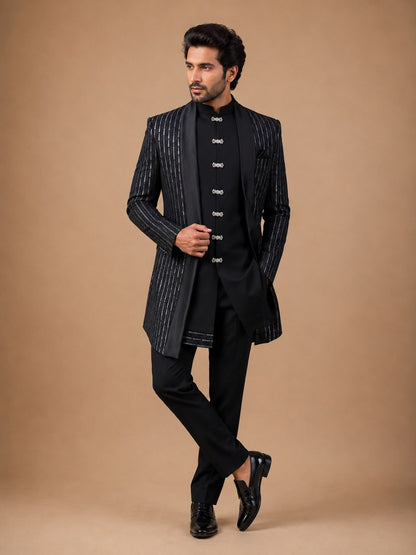 Black Embellished Indo Western Set with Pinstripe Designer Jacket