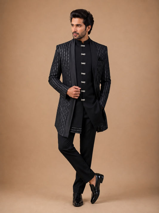 Black Embellished Indo Western Set with Pinstripe Designer Jacket
