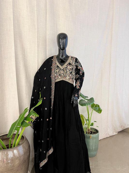 Black Embroidered Anarkali Set with Sequins & Threadwork