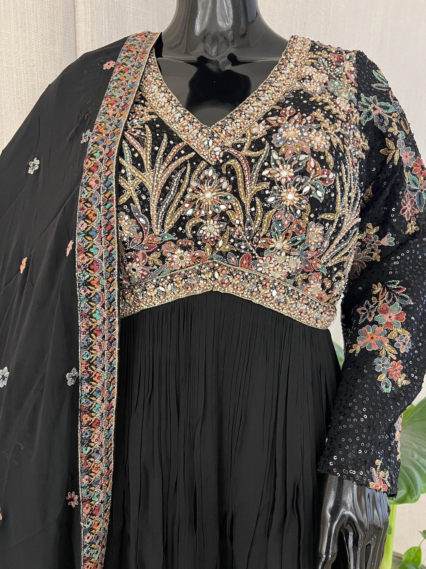 Black Embroidered Anarkali Set with Sequins & Threadwork