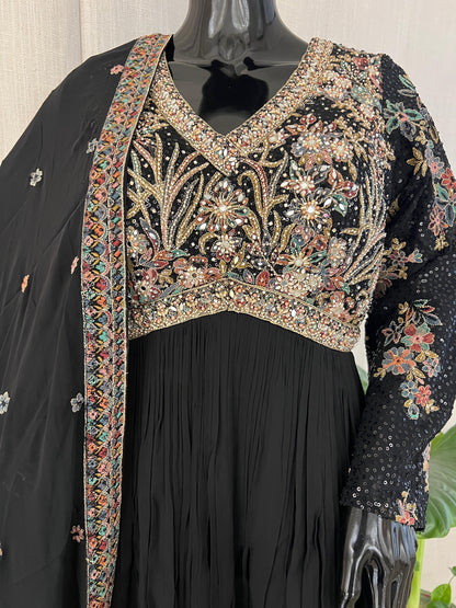 Black Embroidered Anarkali Set with Sequins & Threadwork