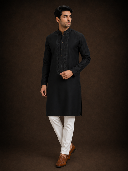 Black Embroidered Cotton Silk Kurta for Men with Tonal Thread Work and Mandarin Collar