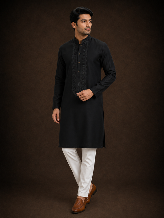 Black Embroidered Cotton Silk Kurta for Men with Tonal Thread Work and Mandarin Collar