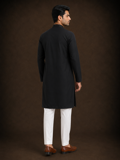 Black Embroidered Cotton Silk Kurta for Men with Tonal Thread Work and Mandarin Collar