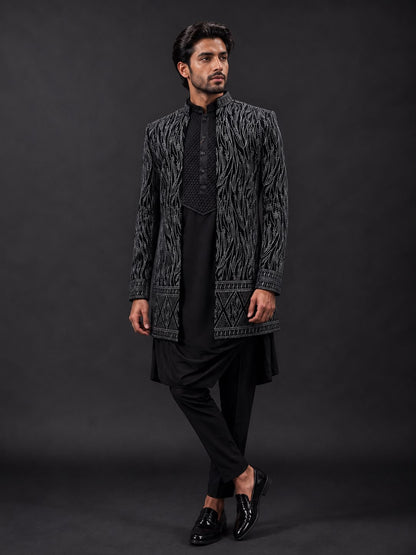Black Embroidered Indo Western Kurta Set with Designer Open Jacket