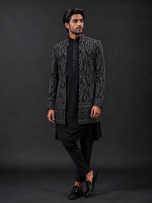 Black Embroidered Indo Western Kurta Set with Designer Open Jacket
