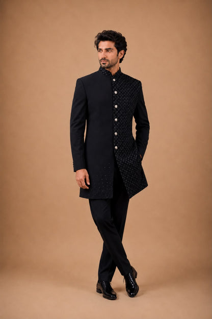 Black Embroidered Indo Western Set with Asymmetric Designer