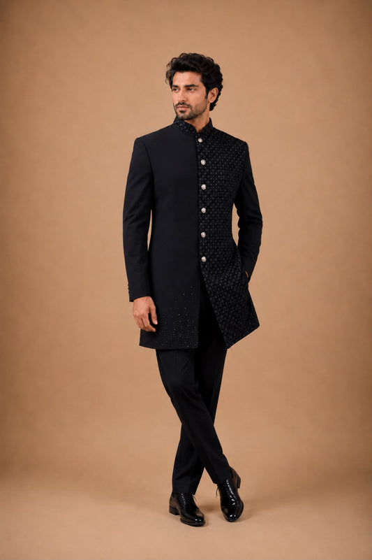 Black Embroidered Indo Western Set with Asymmetric Designer