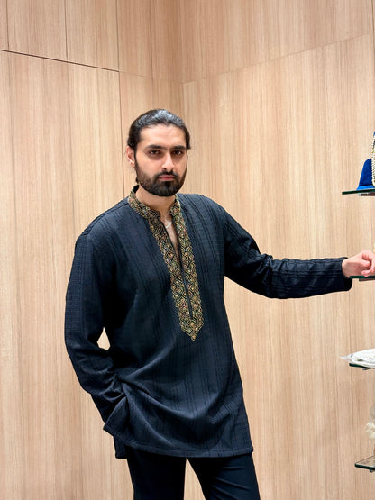 Black Embroidered Kurta with Pajama and Golden Detailing