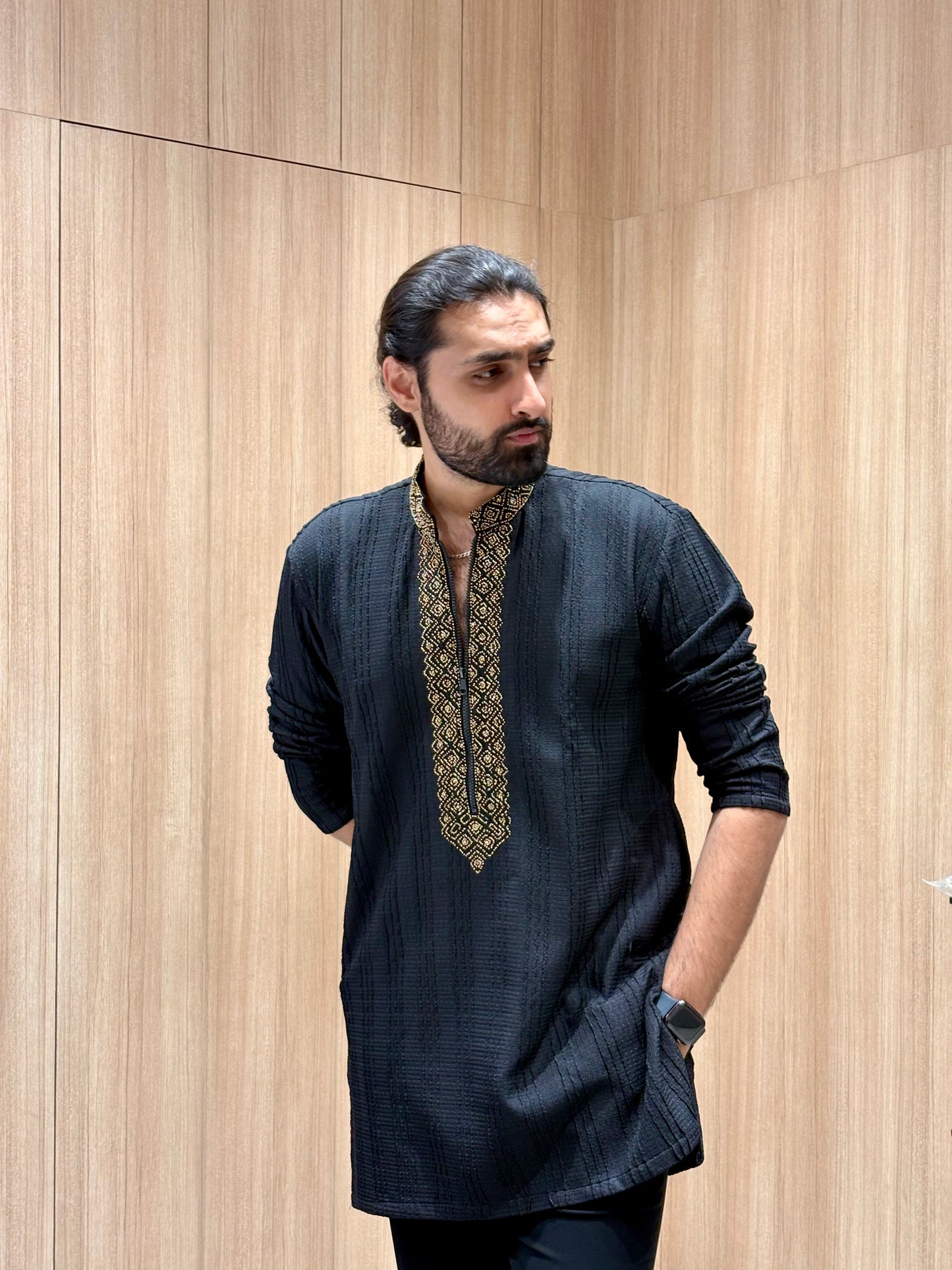 Black Embroidered Kurta with Pajama and Golden Detailing