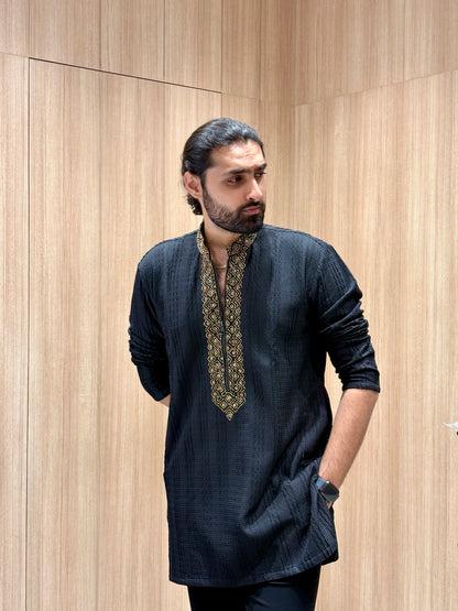 Black Embroidered Kurta with Pajama and Golden Detailing
