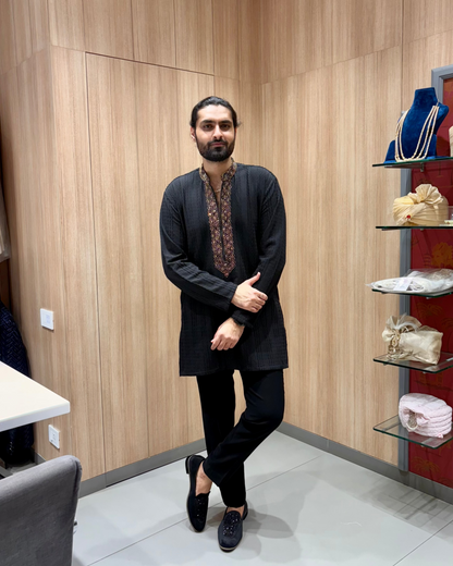 Black Embroidered Kurta with Pajama and Golden Detailing