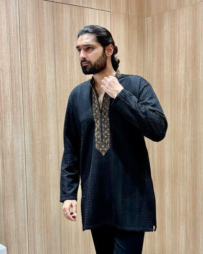 Black Embroidered Kurta with Pajama and Golden Detailing