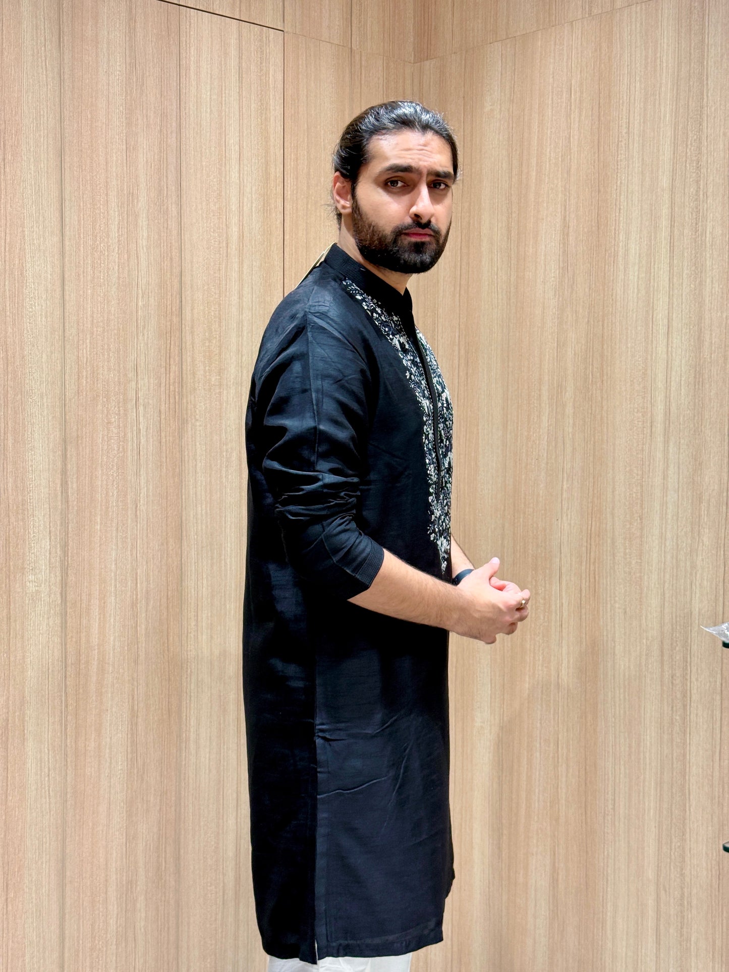 Black Embroidered Kurta with White Pajama and Thread Work Detailing