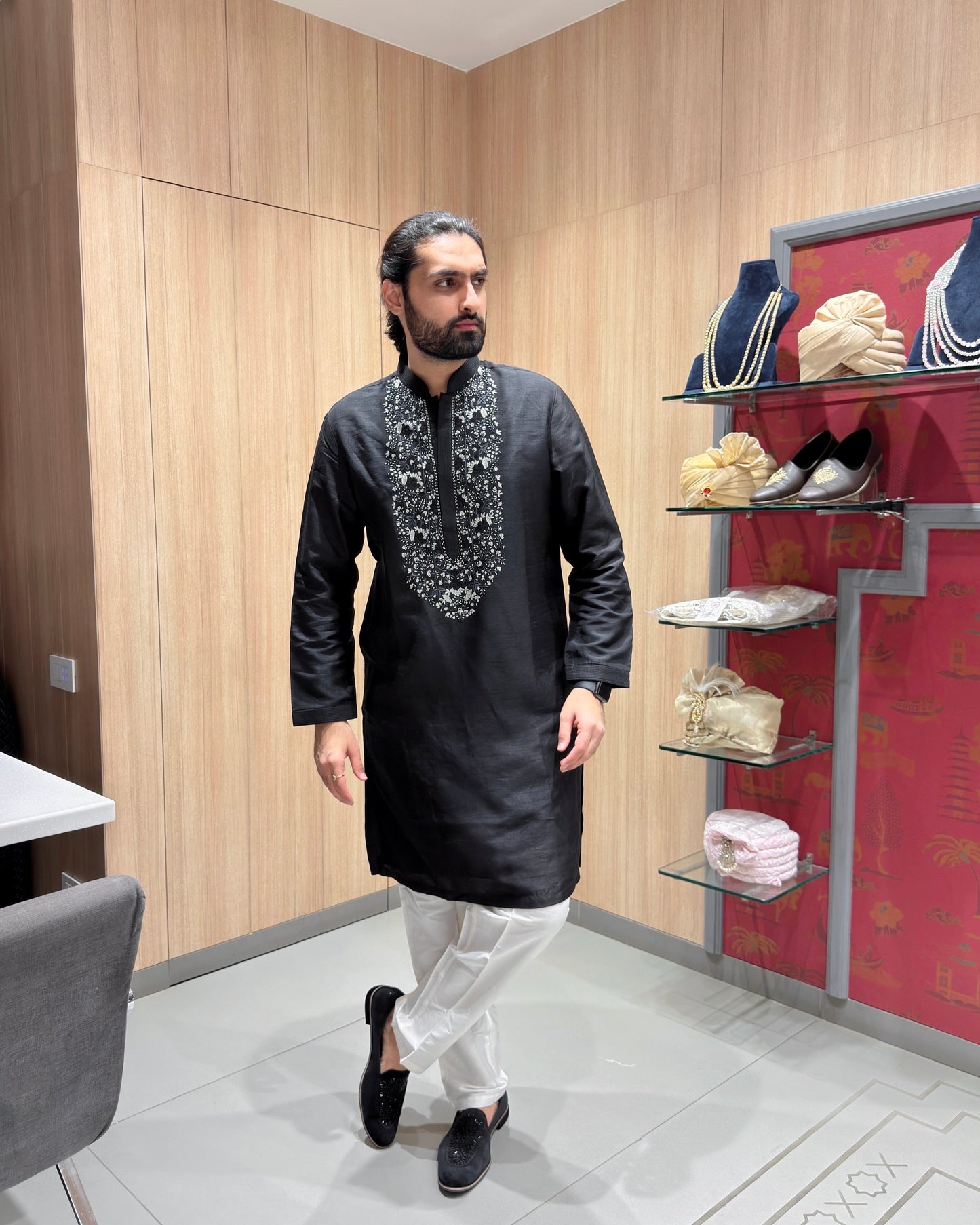 Black Embroidered Kurta with White Pajama and Thread Work Detailing