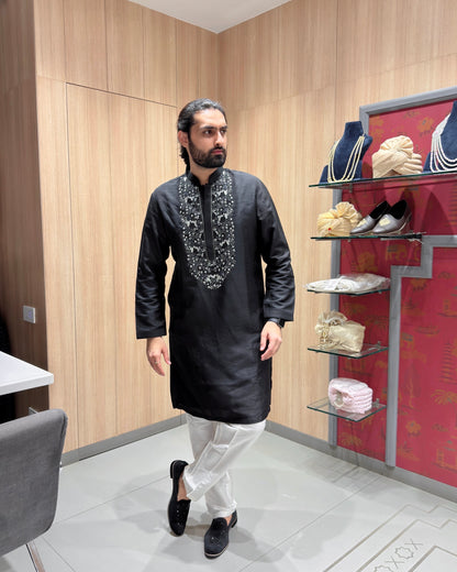 Black Embroidered Kurta with White Pajama and Thread Work Detailing