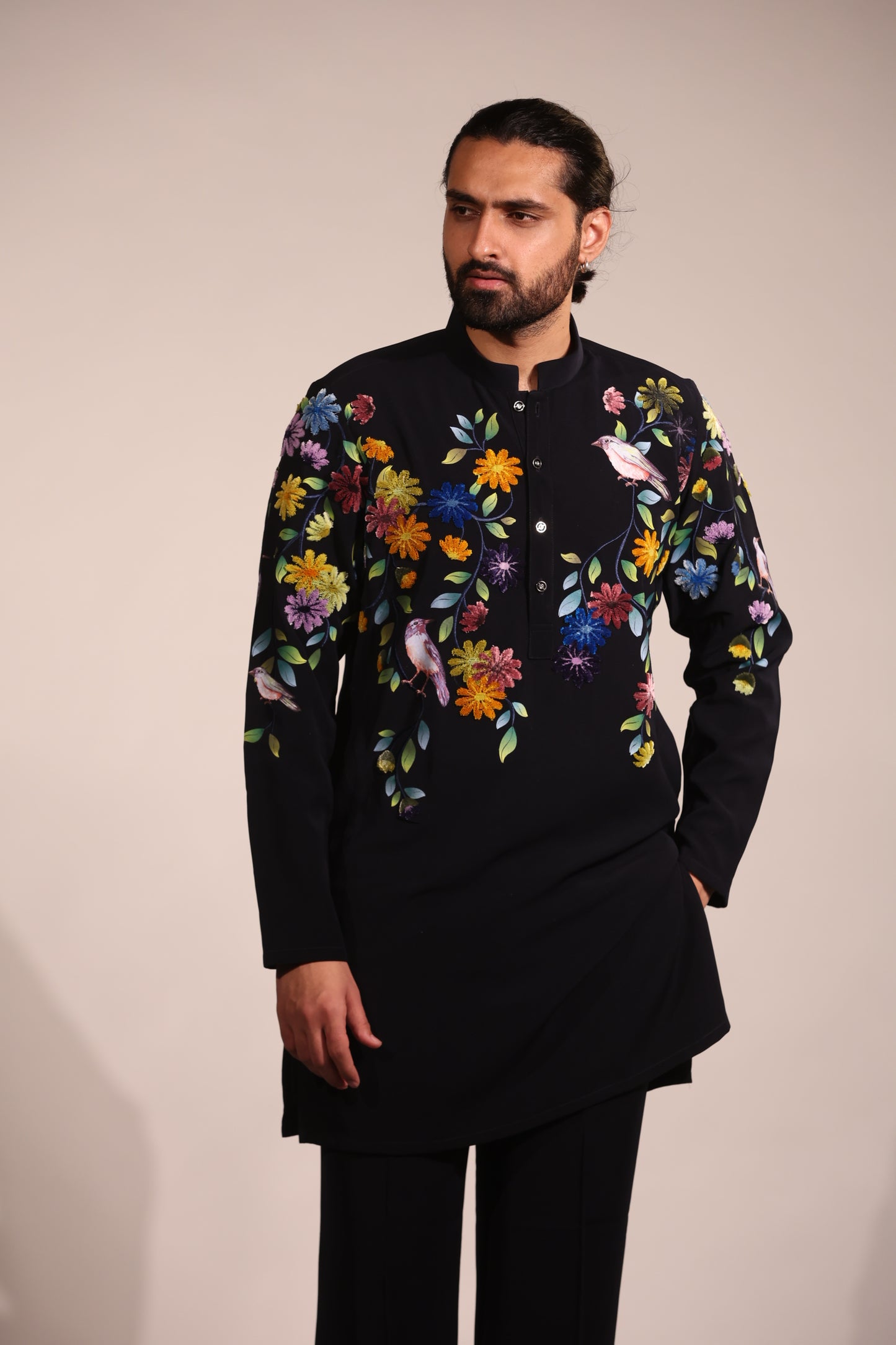 Black Floral Embroidered Contemporary Kurta Set