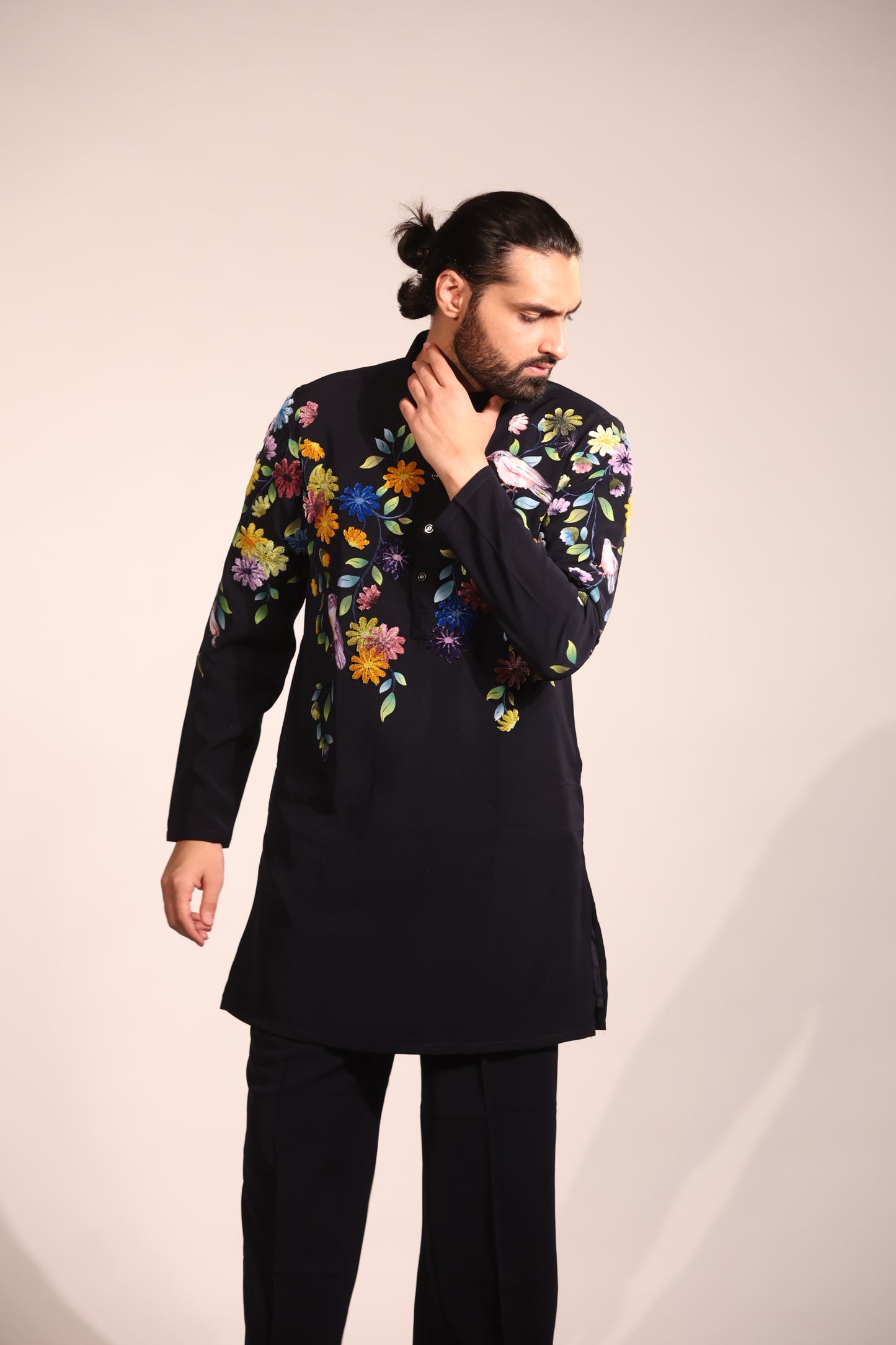 Black Floral Embroidered Contemporary Kurta Set