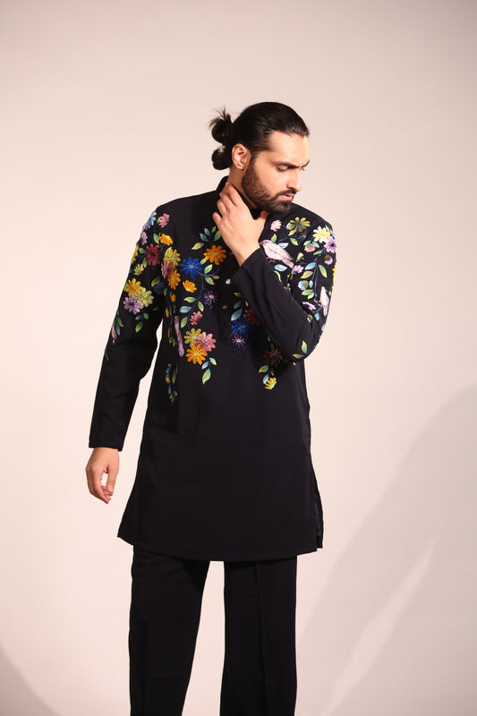 Black Floral Embroidered Contemporary Kurta Set