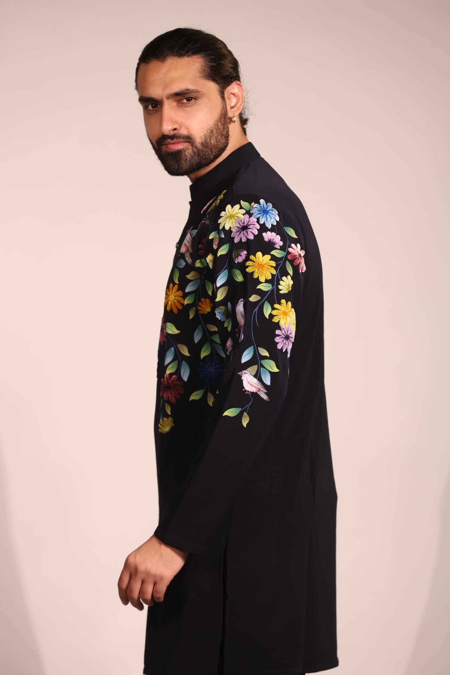Black Floral Embroidered Contemporary Kurta Set