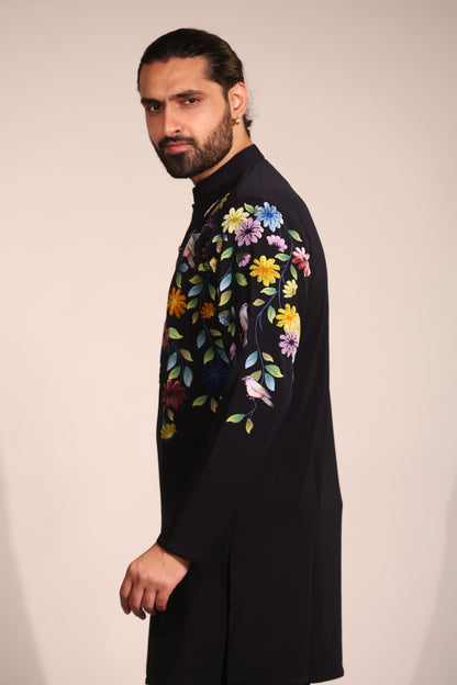 Black Floral Embroidered Contemporary Kurta Set