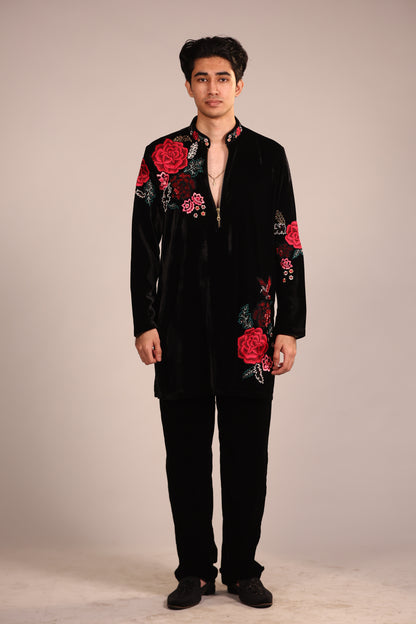 Black Velvet Rose Embroidered Contemporary Kurta Set