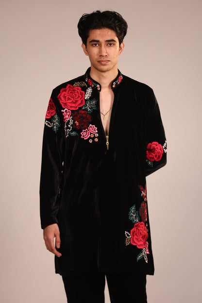 Black Velvet Rose Embroidered Contemporary Kurta Set