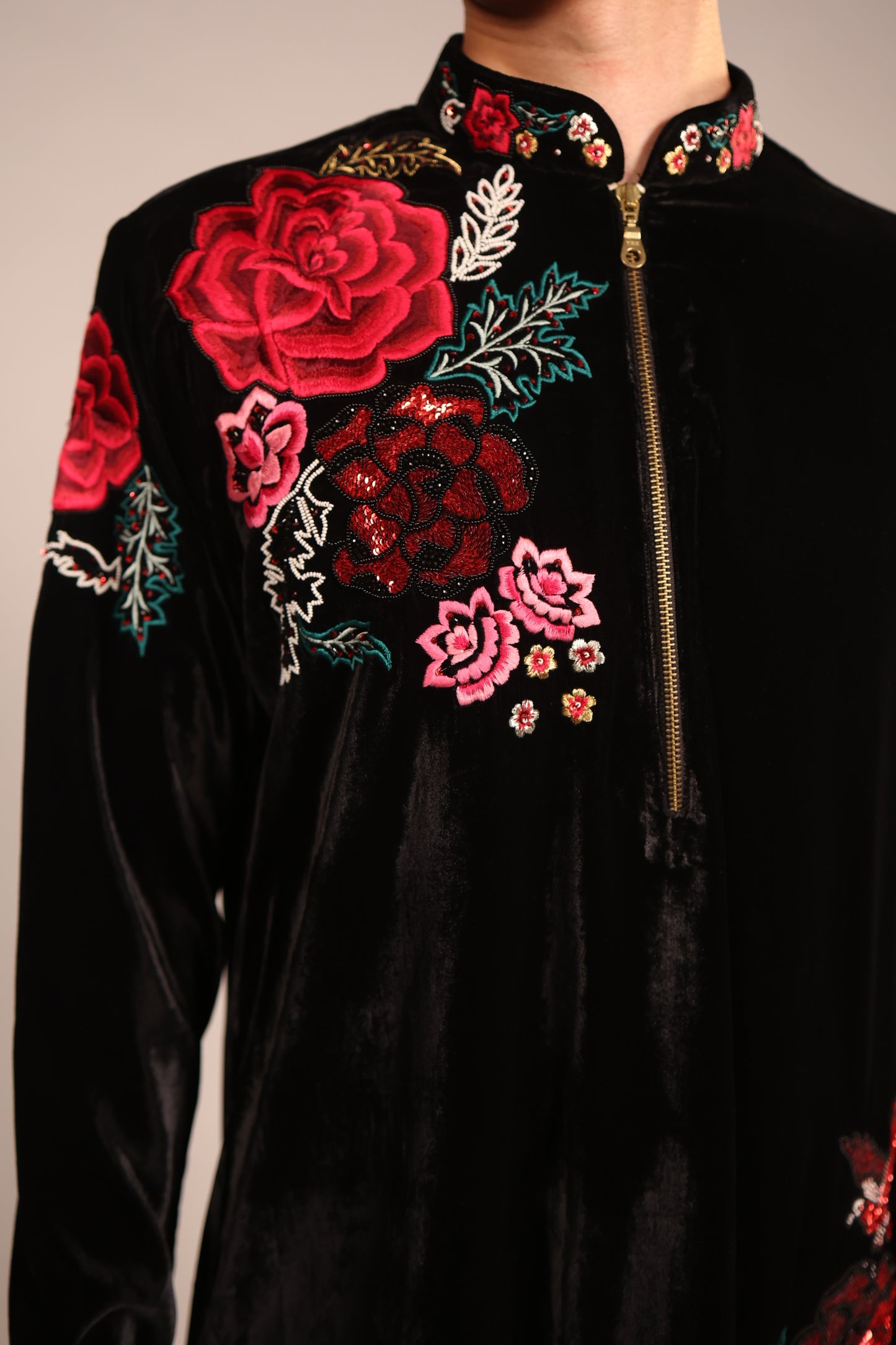 Black Velvet Rose Embroidered Contemporary Kurta Set