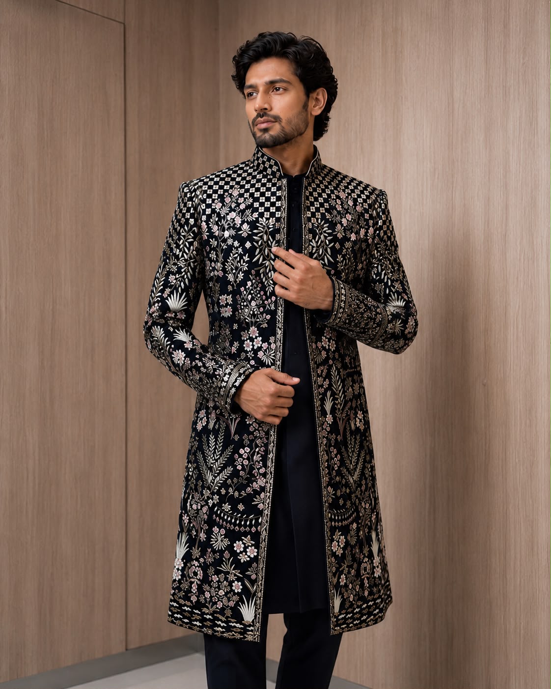 Black Floral Embroidered Indo Western with Mandarin Collar and Intricate Threadwork