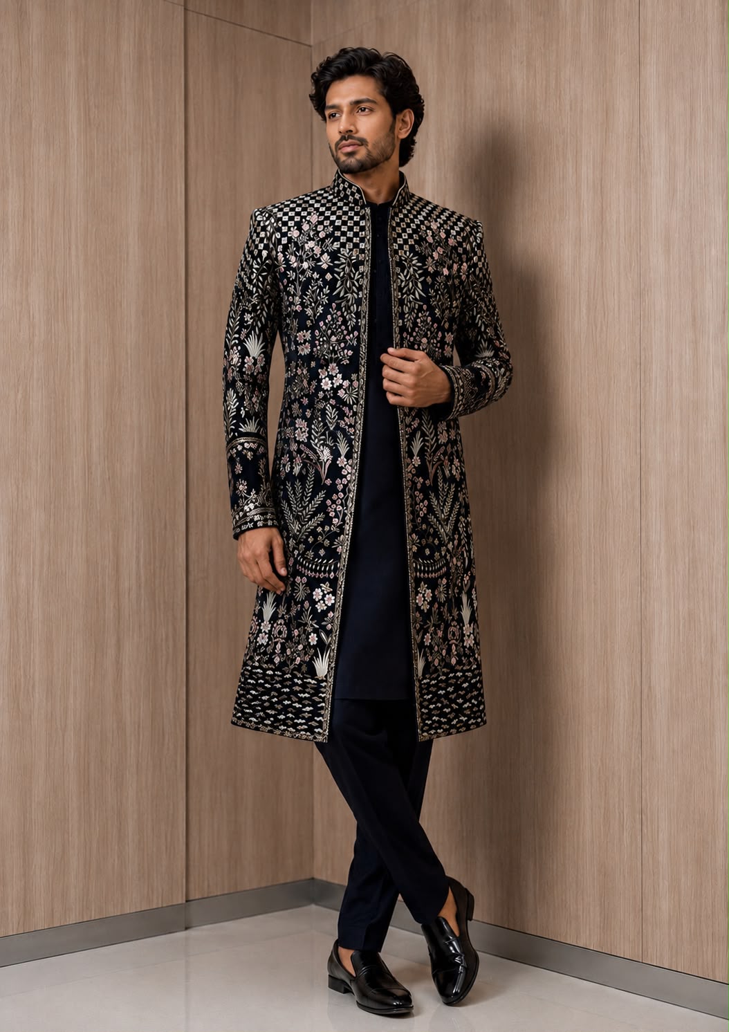 Black Floral Embroidered Indo Western with Mandarin Collar and Intricate Threadwork