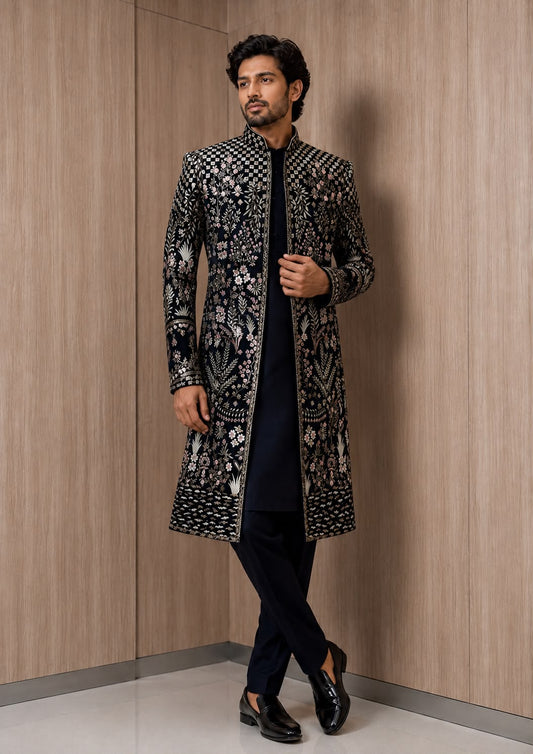 Black Floral Embroidered Indo Western with Mandarin Collar and Intricate Threadwork