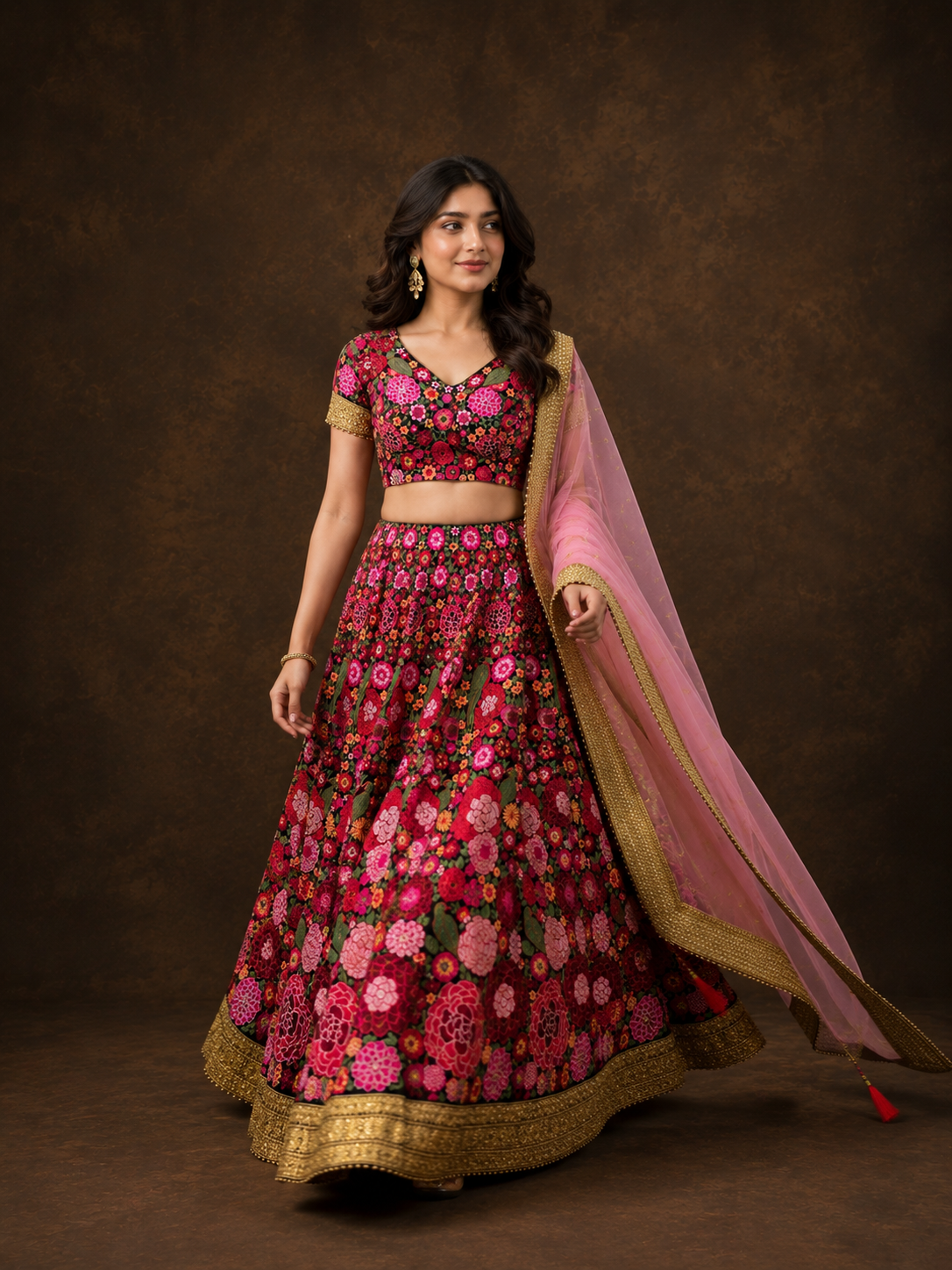 Black Floral Embroidered Lehenga Choli with Pink Net Dupatta