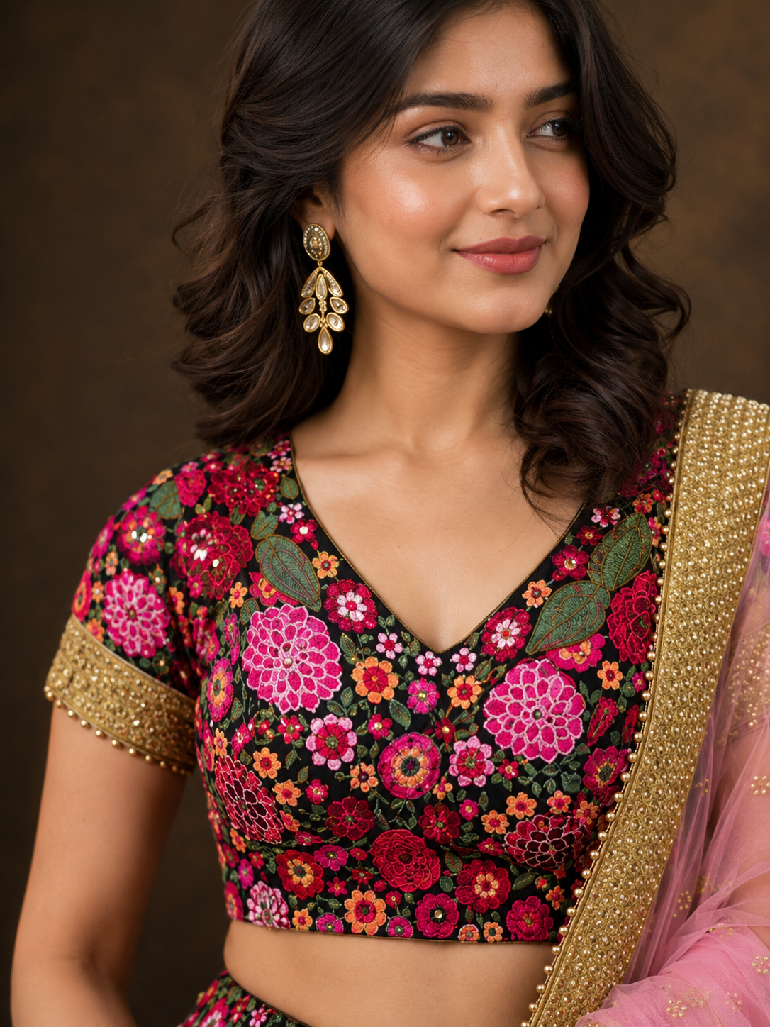 Black Floral Embroidered Lehenga Choli with Pink Net Dupatta
