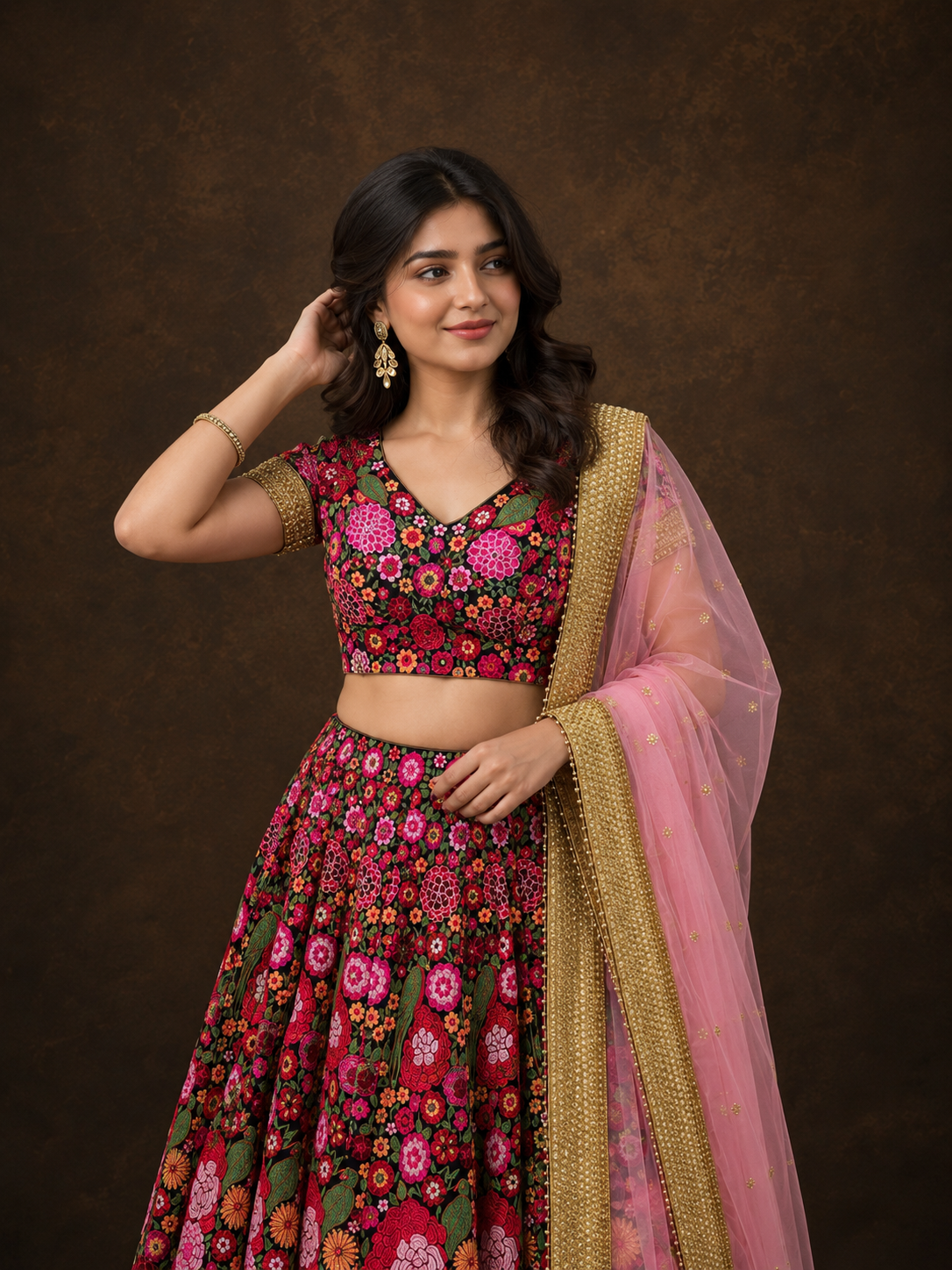Black Floral Embroidered Lehenga Choli with Pink Net Dupatta