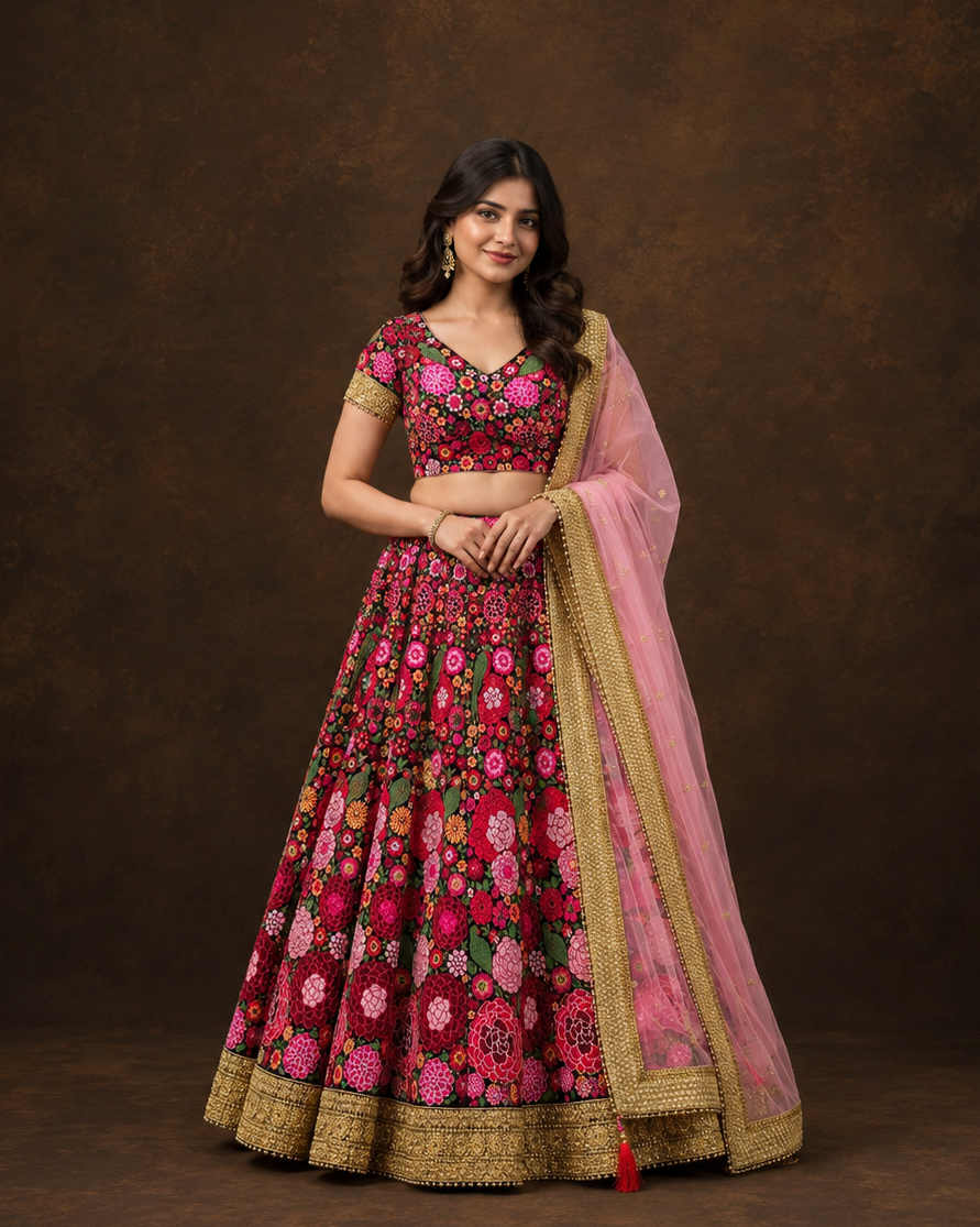 Black Floral Embroidered Lehenga Choli with Pink Net Dupatta