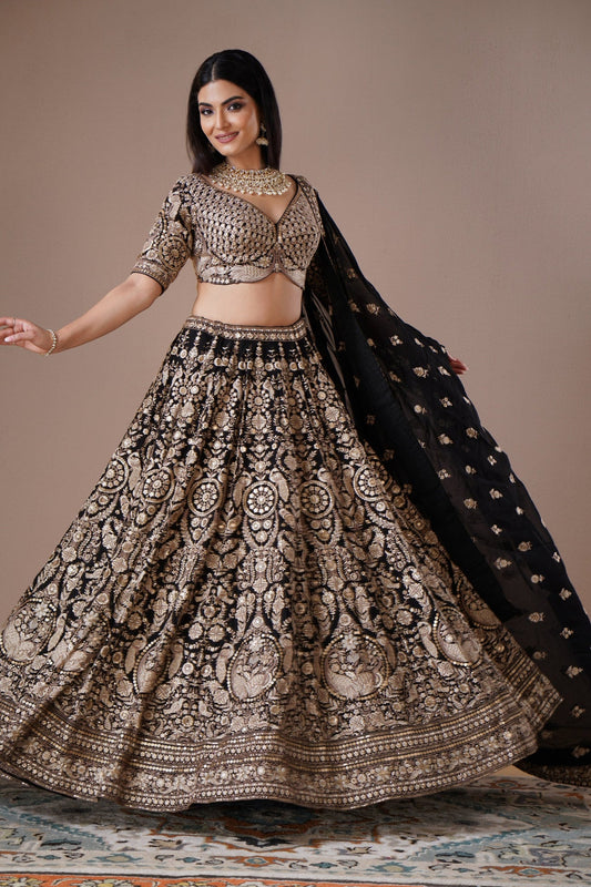 Black Georgette Bridal Lehenga with Gold Zardosi Embroidery