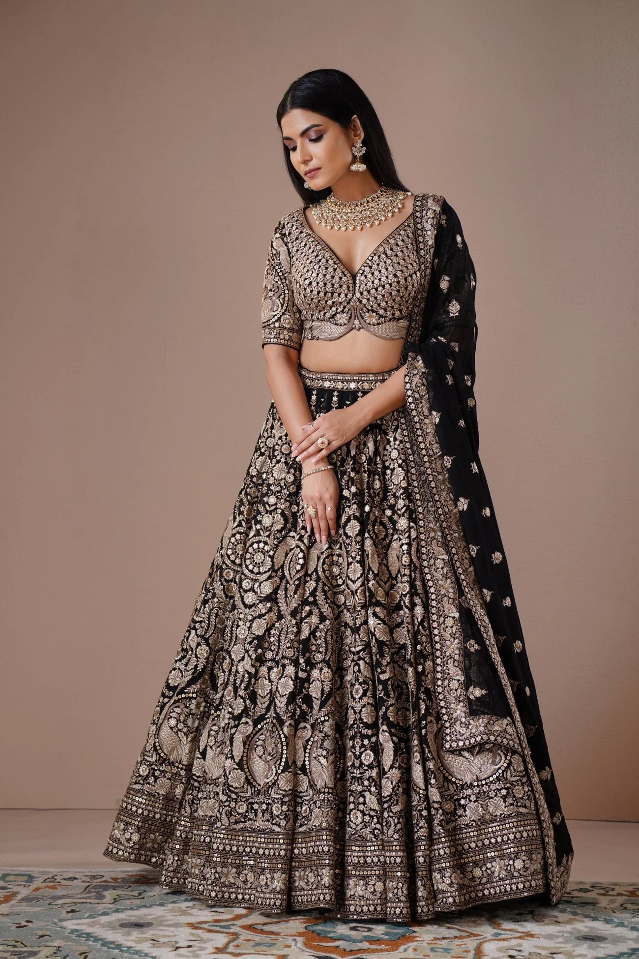 Black Georgette Bridal Lehenga with Gold Zardosi Embroidery
