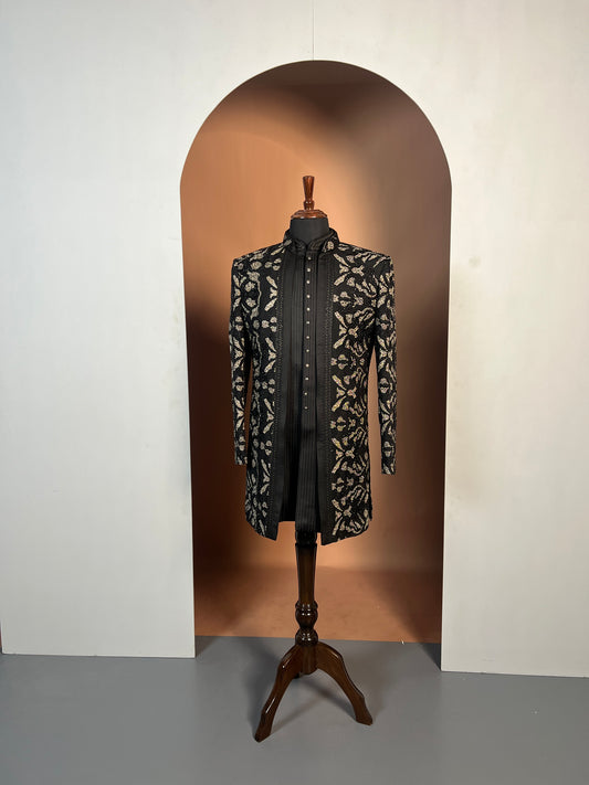Black Indo-Western with Antique Gold Leaf Embroidery