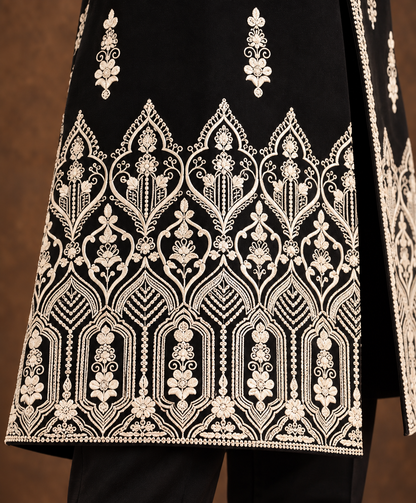 Black Indo Western Jacket with Ivory Floral Embroidery