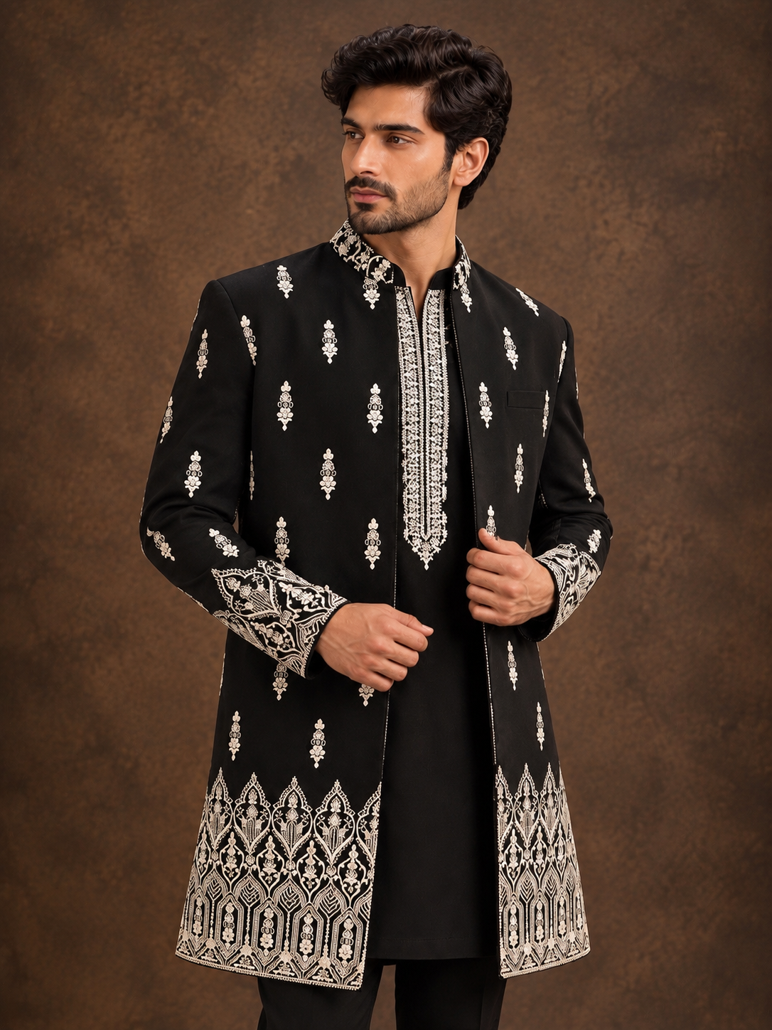 Black Indo Western Jacket with Ivory Floral Embroidery