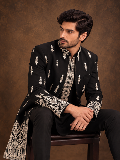Black Indo Western Jacket with Ivory Floral Embroidery