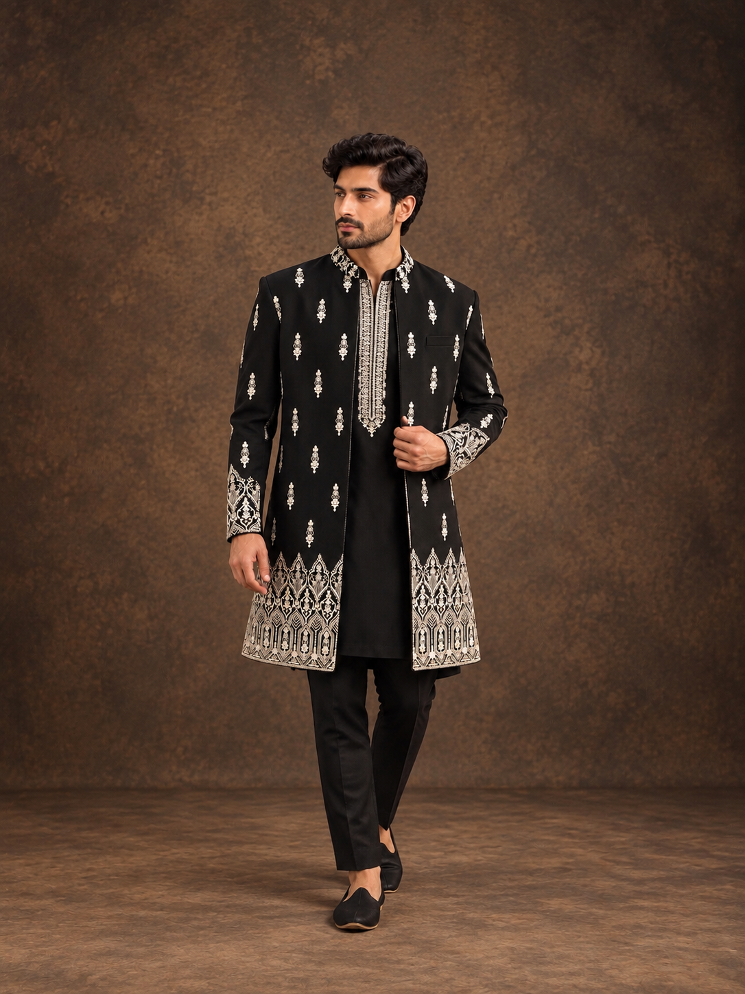 Black Indo Western Jacket with Ivory Floral Embroidery