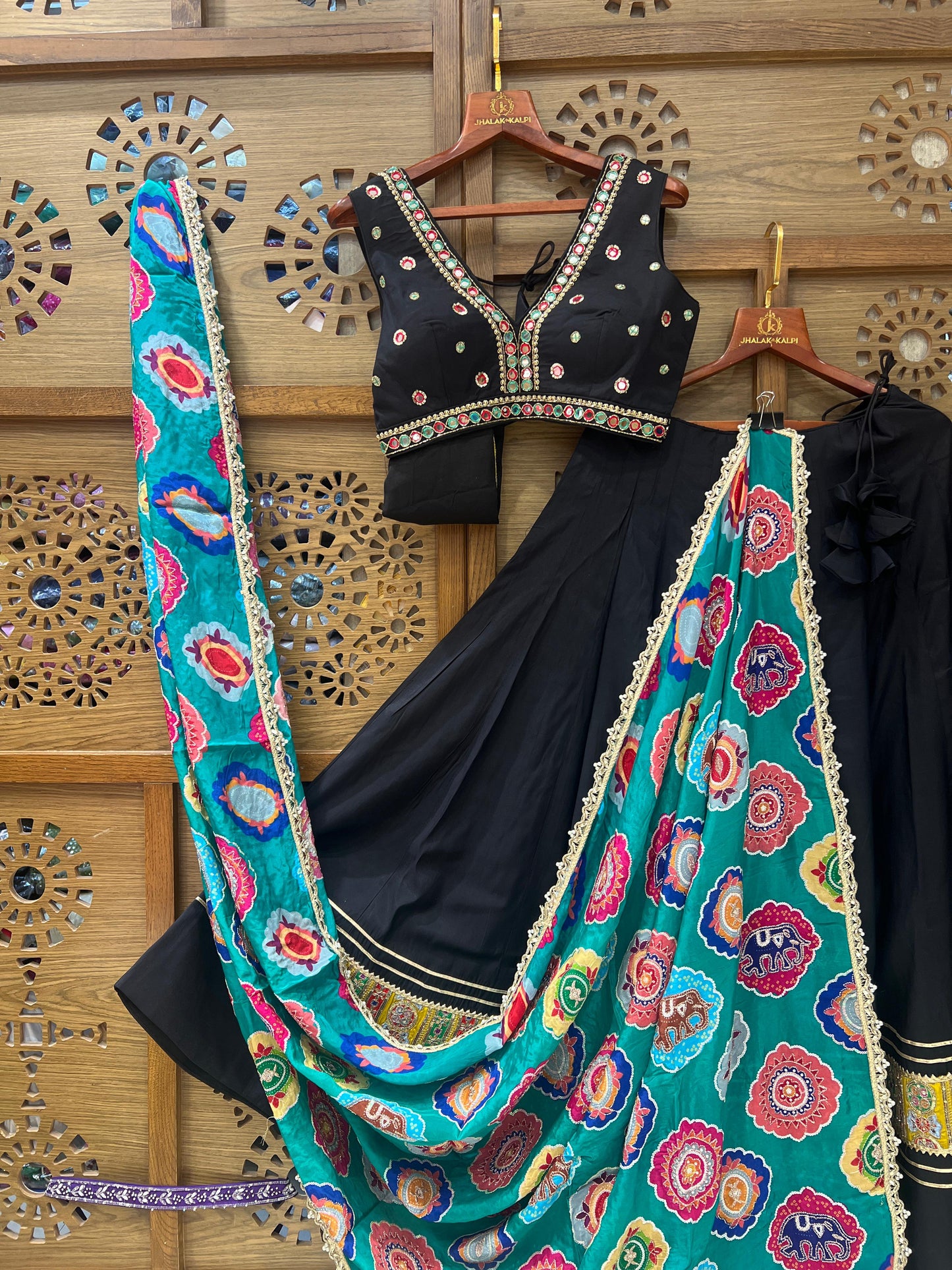 Black Mirror Work Chaniya Choli with Multicolor Bandhani Dupatta