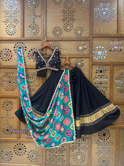 Black Mirror Work Chaniya Choli with Multicolor Bandhani Dupatta