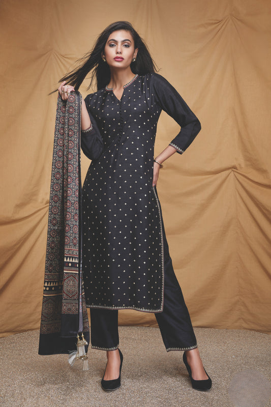 Black Mirror Work Straight Kurta Set with Printed Dupatta